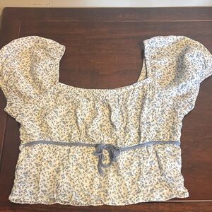 Sienna Sky Cream and Blue Floral Square-Neck Crop Top